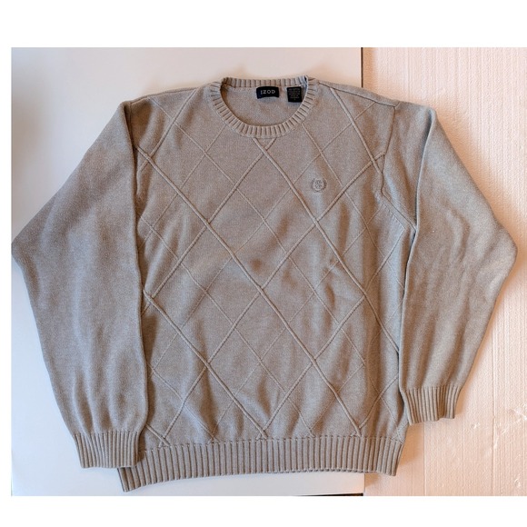 Izod Other - IZOD Mens Large Tan Cotton Diamond Textured Knit Crewneck Sweater Logo Beige